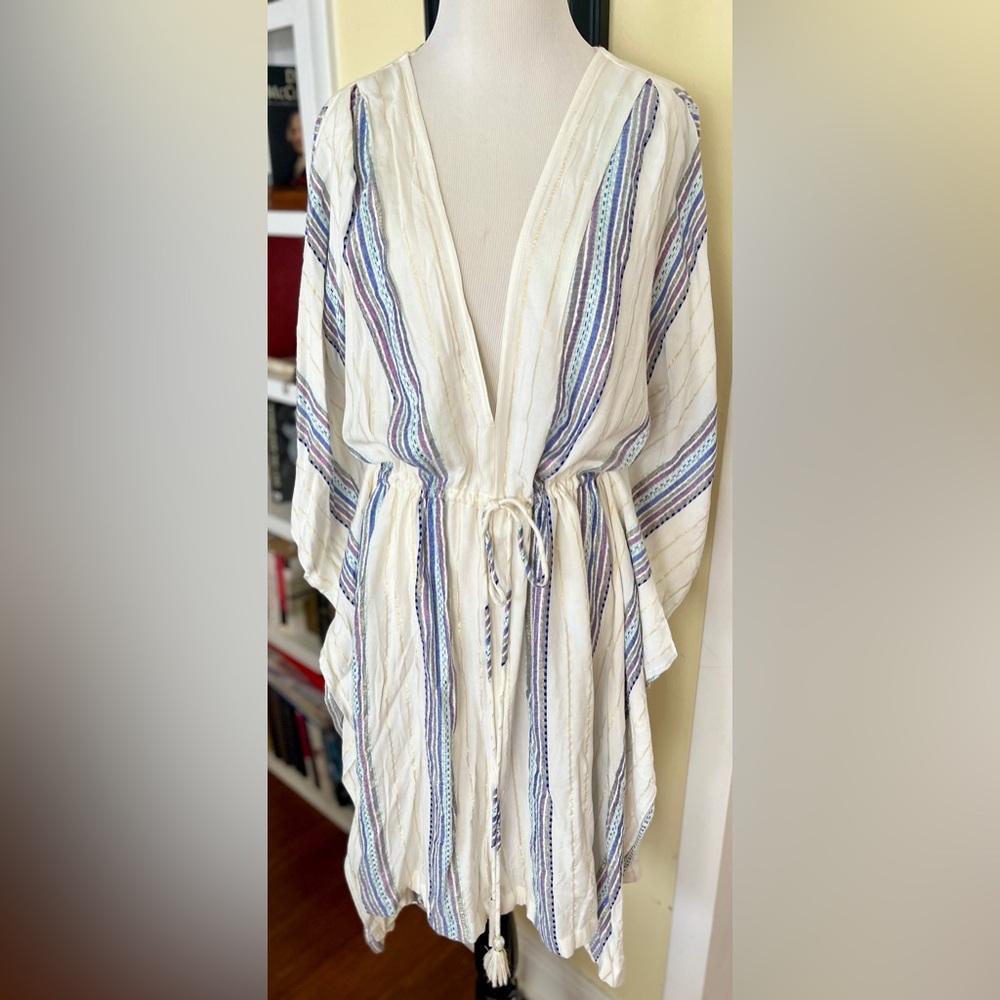 LoveStitch NWT Coverup Dress Poncho Tunic Drawstring Waist Tassles Stripe Print